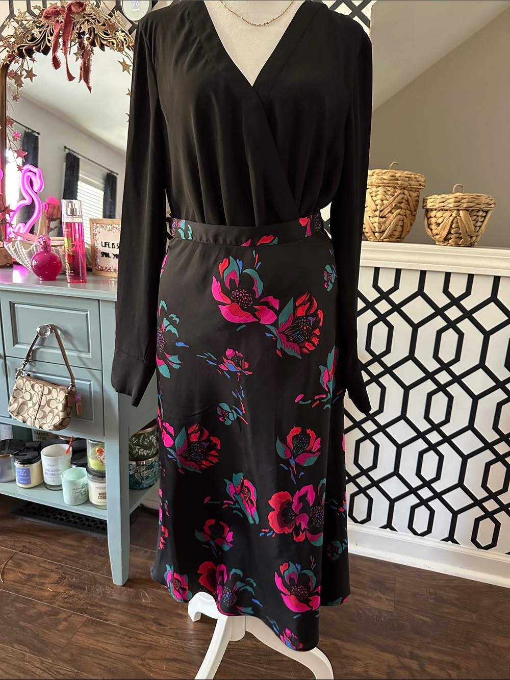 J. Crew Black Midi Skirt with Pink & Teal Floral Print